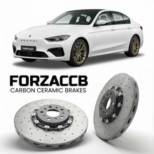 ForzaCCB direct OEM replacement carbon ceramic brake rotors for 2024 and newer Deepal S05 models, shown with a white Deepal S05 car.