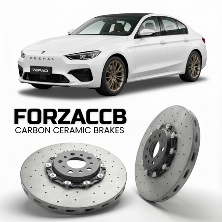 ForzaCCB direct OEM replacement carbon ceramic brake rotors for 2024 and newer Deepal S05 models, shown with a white Deepal S05 car.