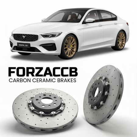 ForzaCCB direct OEM replacement carbon ceramic brake rotors for 2023 to 2024 Deepal S07 Deepal S7 models, shown with a white Deepal S07 car.