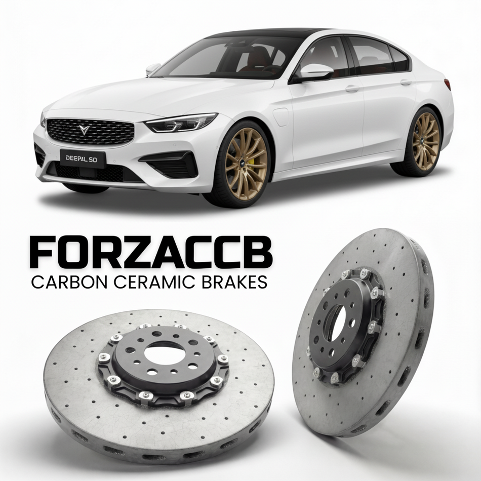 ForzaCCB direct OEM replacement carbon ceramic brake rotors for 2023 to 2024 Deepal S07 Deepal S7 models, shown with a white Deepal S07 car.