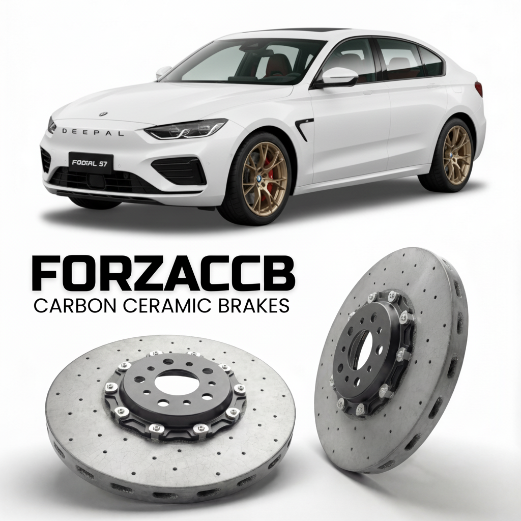 ForzaCCB direct OEM replacement carbon ceramic brake rotors for 2024 and newer Deepal S07 facelift 2024 models, shown with a white Deepal S07 car.