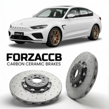 ForzaCCB direct OEM replacement carbon ceramic brake rotors for 2024 and newer Deepal S07 facelift 2024 models, shown with a white Deepal S07 car.