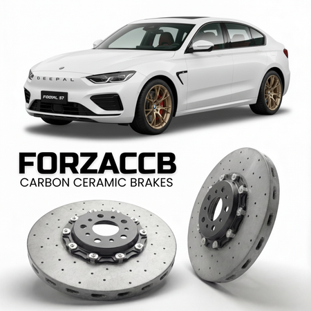 ForzaCCB direct OEM replacement carbon ceramic brake rotors for 2024 and newer Deepal S07 facelift 2024 models, shown with a white Deepal S07 car.