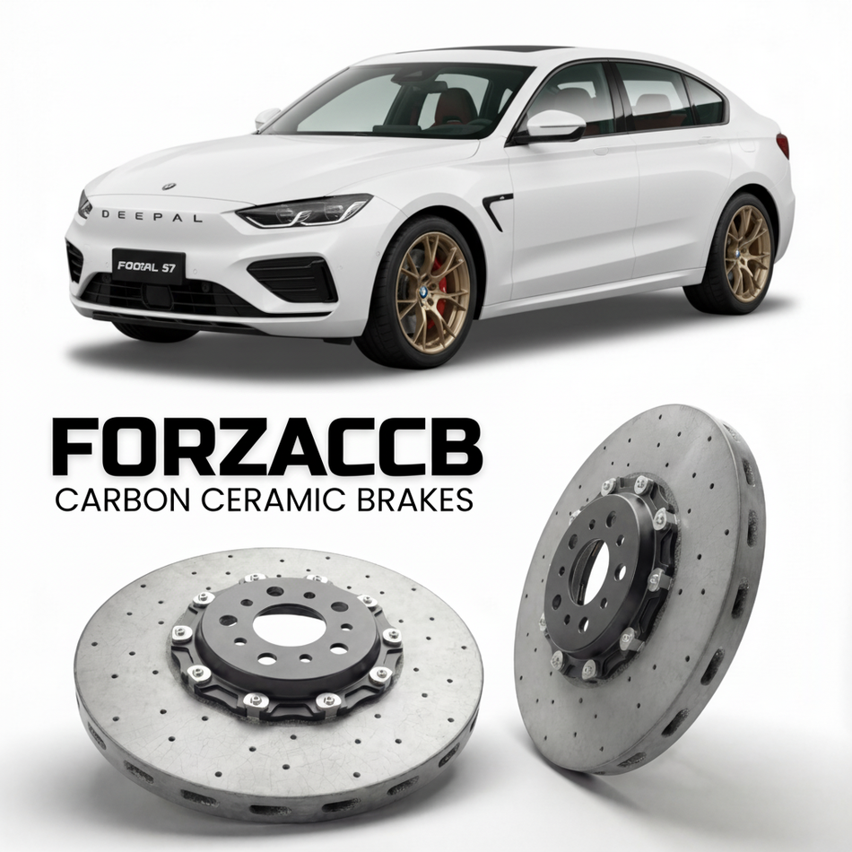 ForzaCCB direct OEM replacement carbon ceramic brake rotors for 2024 and newer Deepal S07 facelift 2024 models, shown with a white Deepal S07 car.