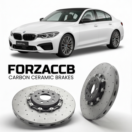 ForzaCCB direct OEM replacement carbon ceramic brake rotors for 2025 and newer Deepal S09 models, shown with a white Deepal S09 car.