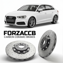 ForzaCCB direct OEM replacement carbon ceramic brake rotors for 2006 to 2013 Audi S3 8P models, shown with a white Audi S3 car.
