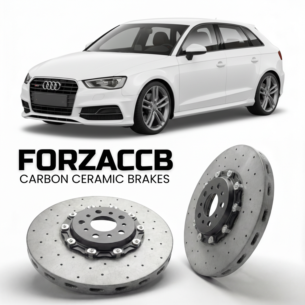 ForzaCCB direct OEM replacement carbon ceramic brake rotors for 2006 to 2013 Audi S3 8P models, shown with a white Audi S3 car.