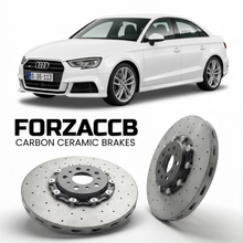 ForzaCCB direct OEM replacement carbon ceramic brake rotors for 2012 to 2020 Audi S3 8V models, shown with a white Audi S3 car.