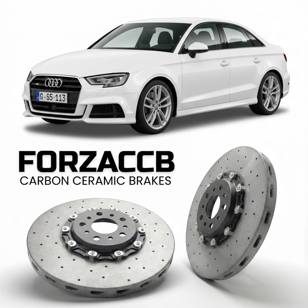 ForzaCCB direct OEM replacement carbon ceramic brake rotors for 2012 to 2020 Audi S3 8V models, shown with a white Audi S3 car.