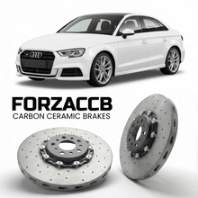 ForzaCCB direct OEM replacement carbon ceramic brake rotors for 2013 to 2020 Audi S3 8V models, shown with a white Audi S3 car.