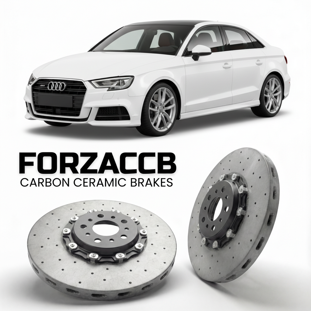 ForzaCCB direct OEM replacement carbon ceramic brake rotors for 2013 to 2020 Audi S3 8V models, shown with a white Audi S3 car.