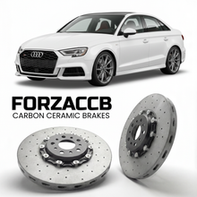 ForzaCCB direct OEM replacement carbon ceramic brake rotors for 2020 and newer Audi S3 8Y models, shown with a white Audi S3 car.