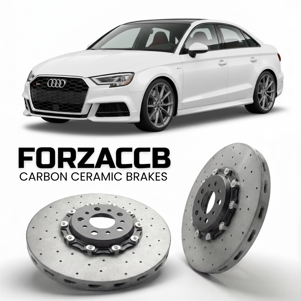 ForzaCCB direct OEM replacement carbon ceramic brake rotors for 2020 and newer Audi S3 8Y models, shown with a white Audi S3 car.