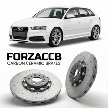 ForzaCCB direct OEM replacement carbon ceramic brake rotors for 2006 to 2013 Audi S3 Sportback 8P models, shown with a white Audi S3 Sportback car.