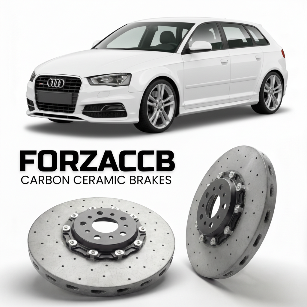 ForzaCCB direct OEM replacement carbon ceramic brake rotors for 2006 to 2013 Audi S3 Sportback 8P models, shown with a white Audi S3 Sportback car.