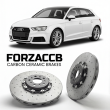 ForzaCCB direct OEM replacement carbon ceramic brake rotors for 2013 to 2020 Audi S3 Sportback 8V models, shown with a white Audi S3 Sportback car.