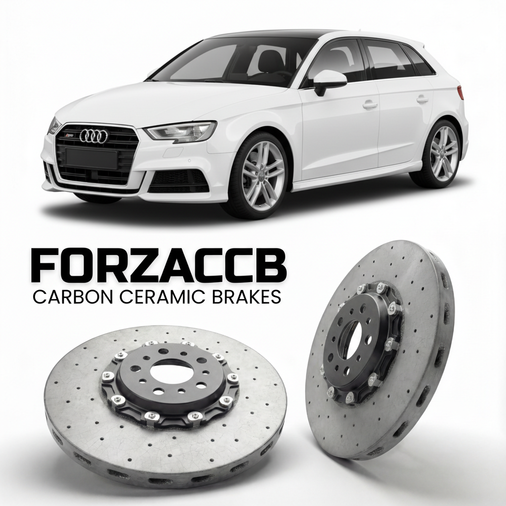 ForzaCCB direct OEM replacement carbon ceramic brake rotors for 2013 to 2020 Audi S3 Sportback 8V models, shown with a white Audi S3 Sportback car.