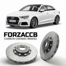 ForzaCCB direct OEM replacement carbon ceramic brake rotors for 2020 and newer Audi S3 Sportback 8Y models, shown with a white Audi S3 Sportback car.