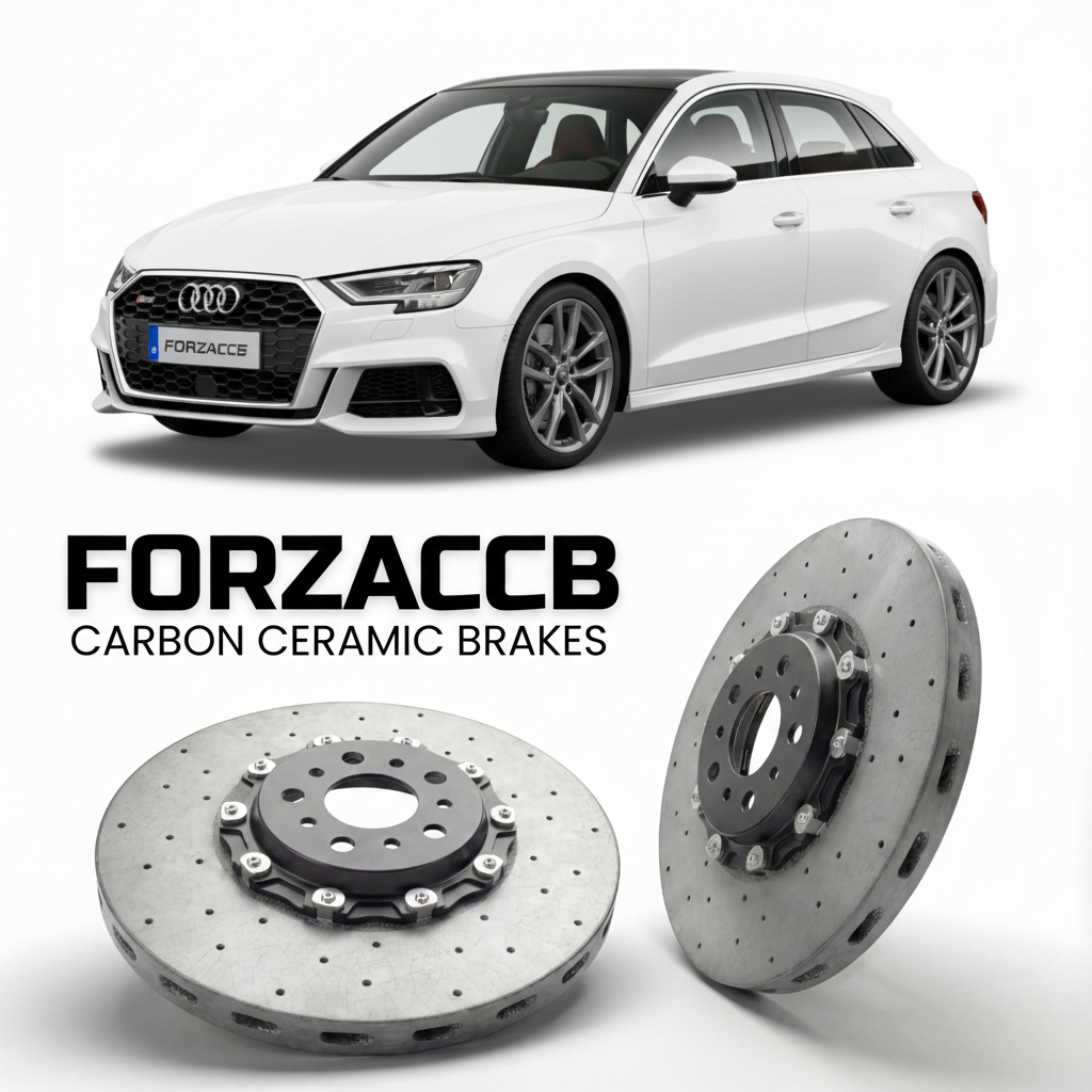 ForzaCCB direct OEM replacement carbon ceramic brake rotors for 2020 and newer Audi S3 Sportback 8Y models, shown with a white Audi S3 Sportback car.