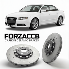 ForzaCCB direct OEM replacement carbon ceramic brake rotors for 2004 to 2009 Audi S4 B7 models, shown with a white Audi S4 car.