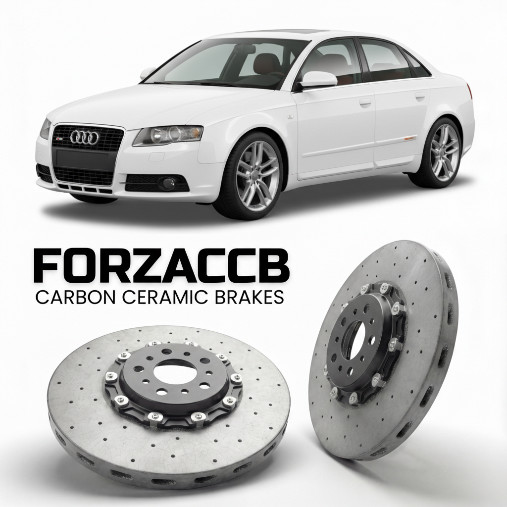 ForzaCCB direct OEM replacement carbon ceramic brake rotors for 2004 to 2009 Audi S4 B7 models, shown with a white Audi S4 car.