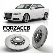 ForzaCCB direct OEM replacement carbon ceramic brake rotors for 2005 to 2008 Audi S4 B7 models, shown with a white Audi S4 car.