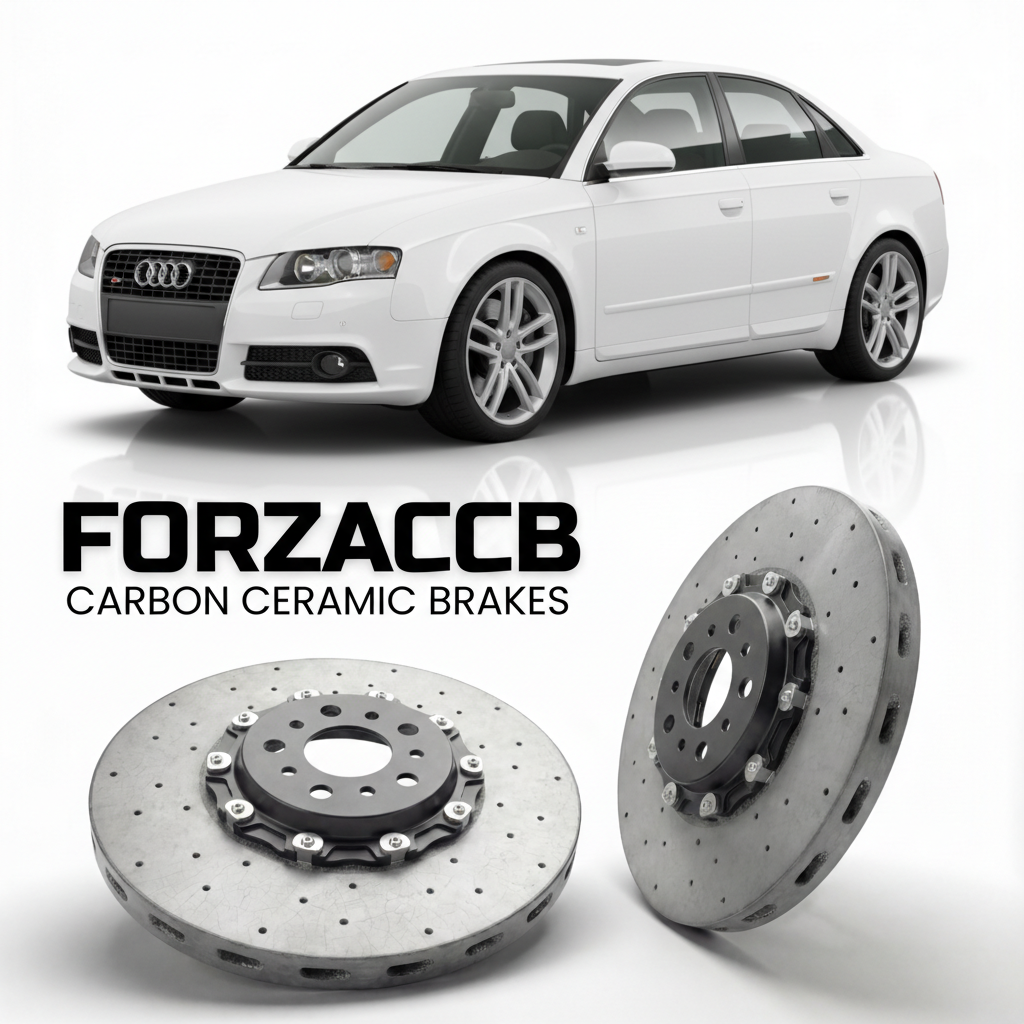 ForzaCCB direct OEM replacement carbon ceramic brake rotors for 2005 to 2008 Audi S4 B7 models, shown with a white Audi S4 car.