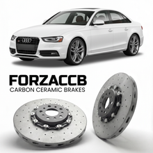 ForzaCCB direct OEM replacement carbon ceramic brake rotors for 2007 to 2015 Audi S4 B8 models, shown with a white Audi S4 car.