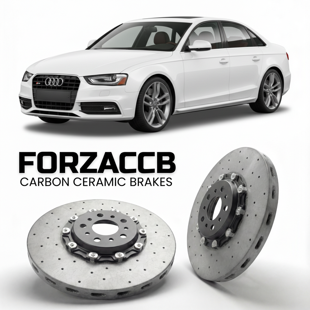 ForzaCCB direct OEM replacement carbon ceramic brake rotors for 2007 to 2015 Audi S4 B8 models, shown with a white Audi S4 car.