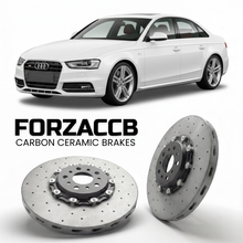 ForzaCCB direct OEM replacement carbon ceramic brake rotors for 2009 to 2016 Audi S4 B8 models, shown with a white Audi S4 car.