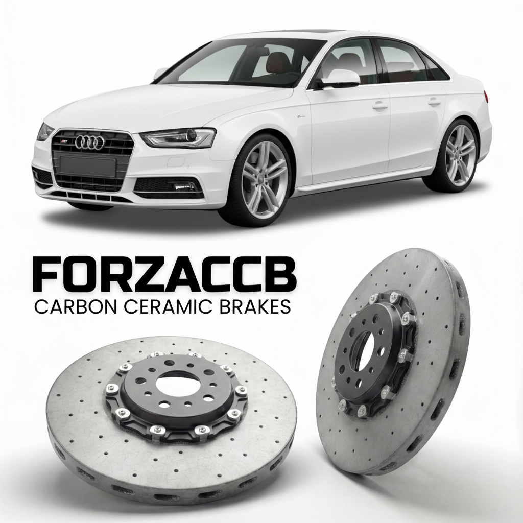 ForzaCCB direct OEM replacement carbon ceramic brake rotors for 2009 to 2016 Audi S4 B8 models, shown with a white Audi S4 car.