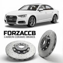 ForzaCCB direct OEM replacement carbon ceramic brake rotors for 2015 to 2024 Audi S4 B9 models, shown with a white Audi S4 car.