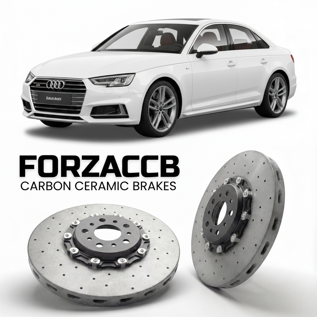 ForzaCCB direct OEM replacement carbon ceramic brake rotors for 2015 to 2024 Audi S4 B9 models, shown with a white Audi S4 car.