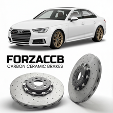 ForzaCCB direct OEM replacement carbon ceramic brake rotors for 2017 to 2024 Audi S4 B9 models, shown with a white Audi S4 car.