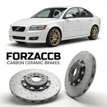ForzaCCB direct OEM replacement carbon ceramic brake rotors for 2005 to 2007 Volvo S40 II models, shown with a white Volvo S40 car.