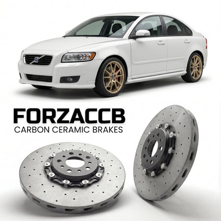 ForzaCCB direct OEM replacement carbon ceramic brake rotors for 2005 to 2007 Volvo S40 II models, shown with a white Volvo S40 car.