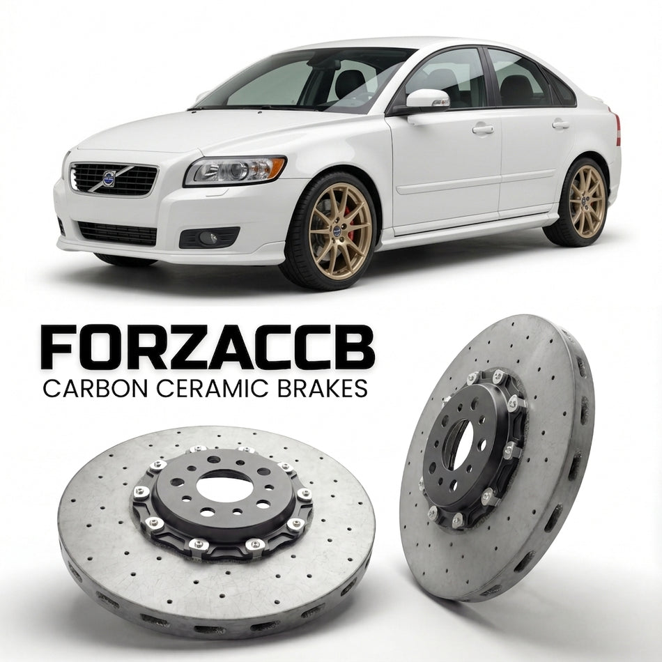 ForzaCCB direct OEM replacement carbon ceramic brake rotors for 2005 to 2007 Volvo S40 II models, shown with a white Volvo S40 car.