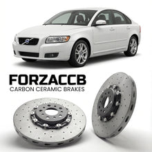 ForzaCCB direct OEM replacement carbon ceramic brake rotors for 2007-2012) Volvo S40 II (facelift 2007 models, shown with a white Volvo S40 car.