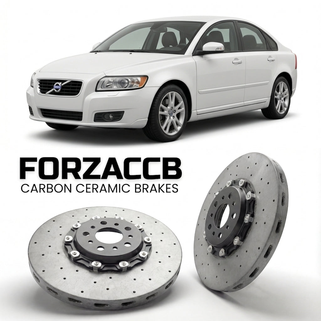 ForzaCCB direct OEM replacement carbon ceramic brake rotors for 2007-2012) Volvo S40 II (facelift 2007 models, shown with a white Volvo S40 car.