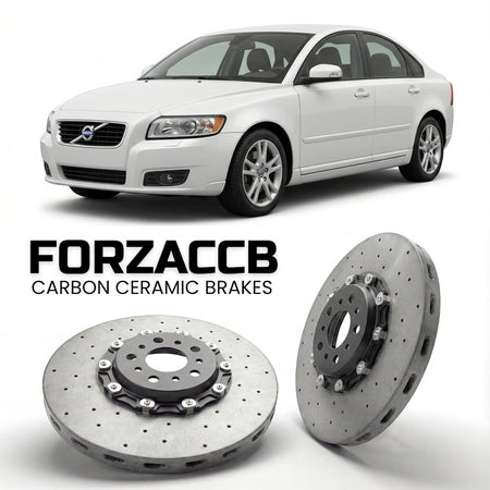 ForzaCCB direct OEM replacement carbon ceramic brake rotors for 2007-2012) Volvo S40 II (facelift 2007 models, shown with a white Volvo S40 car.