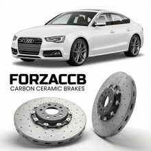 ForzaCCB direct OEM replacement carbon ceramic brake rotors for 2007 to 2016 Audi S5 8T models, shown with a white Audi S5 car.