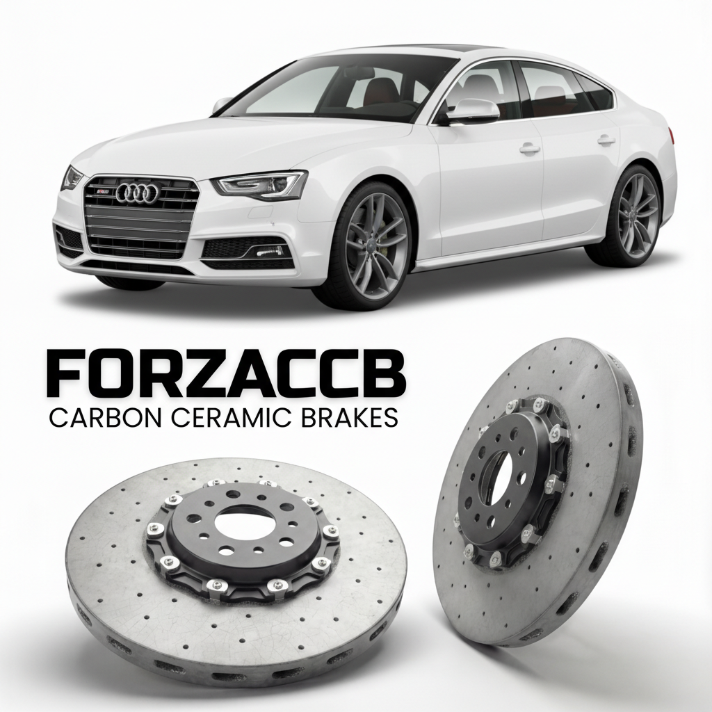 ForzaCCB direct OEM replacement carbon ceramic brake rotors for 2007 to 2016 Audi S5 8T models, shown with a white Audi S5 car.