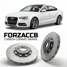 ForzaCCB direct OEM replacement carbon ceramic brake rotors for 2007 to 2016 Audi S5 8T/8F models, shown with a white Audi S5 car.