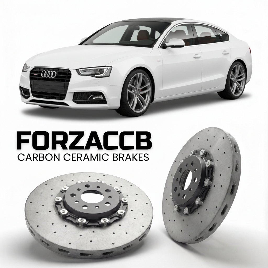ForzaCCB direct OEM replacement carbon ceramic brake rotors for 2007 to 2016 Audi S5 8T/8F models, shown with a white Audi S5 car.