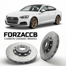 ForzaCCB direct OEM replacement carbon ceramic brake rotors for 2016 to 2024 Audi S5 F5 models, shown with a white Audi S5 car.