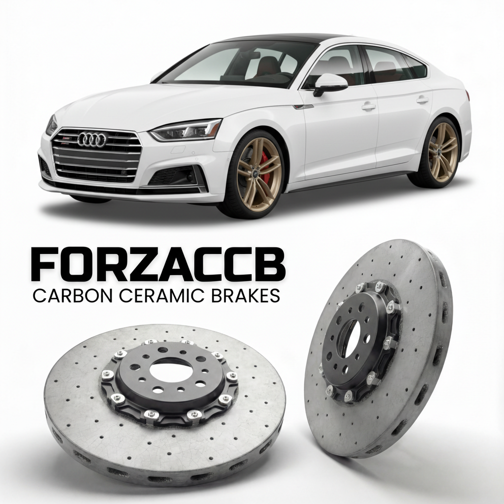 ForzaCCB direct OEM replacement carbon ceramic brake rotors for 2016 to 2024 Audi S5 F5 models, shown with a white Audi S5 car.