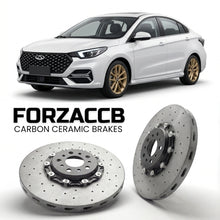 ForzaCCB direct OEM replacement carbon ceramic brake rotors for 2023 and newer Omoda S5 models, shown with a white Omoda S5 car.