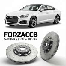 ForzaCCB direct OEM replacement carbon ceramic brake rotors for 2024 and newer Audi S5 B10 models, shown with a white Audi S5 car.