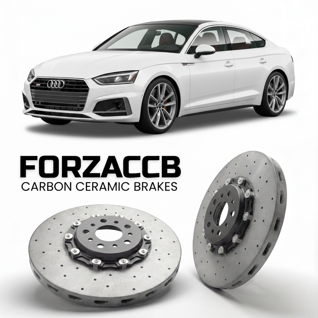 ForzaCCB direct OEM replacement carbon ceramic brake rotors for 2024 and newer Audi S5 B10 models, shown with a white Audi S5 car.