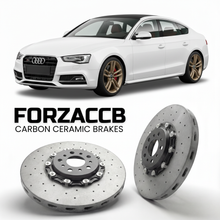 ForzaCCB direct OEM replacement carbon ceramic brake rotors for 2009 to 2016 Audi S5 Sportback 8T models, shown with a white Audi S5 Sportback car.
